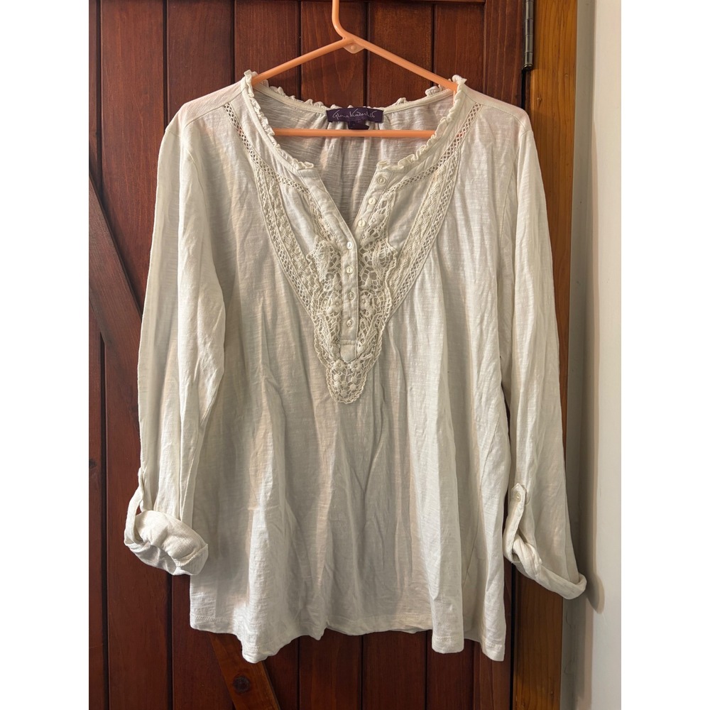 Gloria Vanderbilt Womens White Lace Henley Roll Tab Sleeve Blouse Top Small